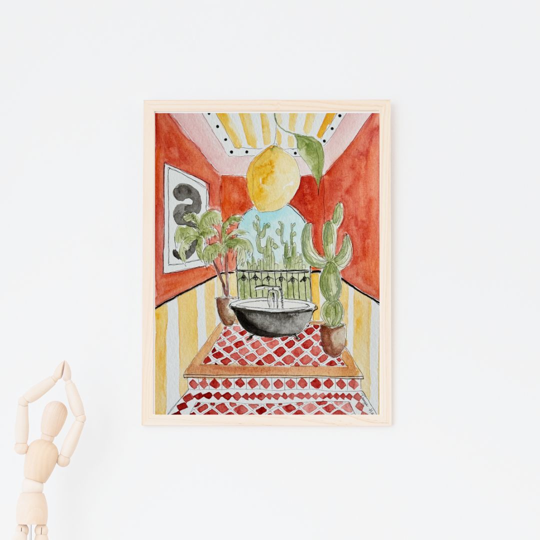 interior watercolor, interior illustration, bathroom watercolor, watercolor illustration, eclectic bathroom illustration, house watercolor
