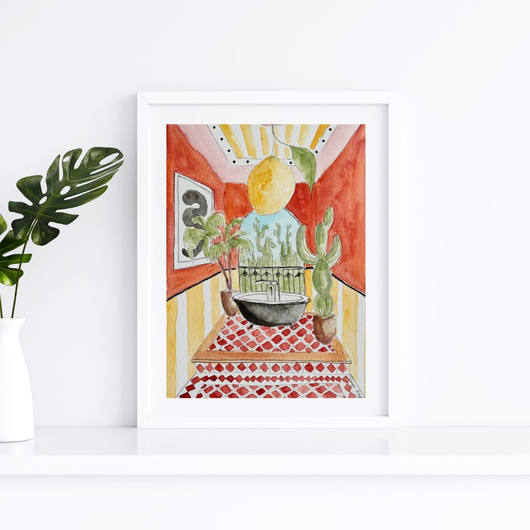 interior watercolor, interior illustration, bathroom watercolor, watercolor illustration, eclectic bathroom illustration, house watercolor