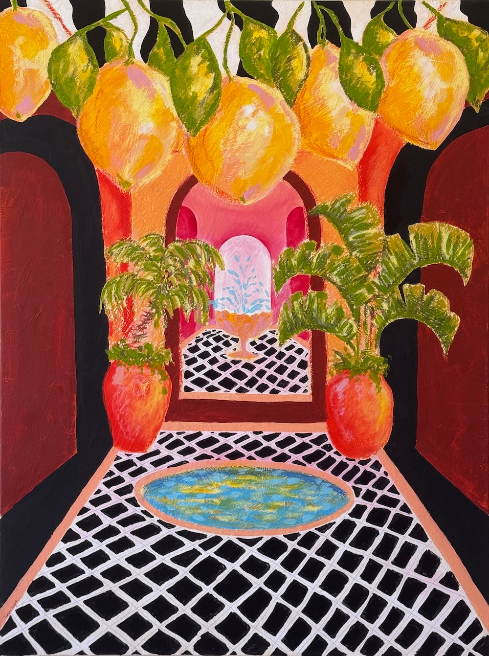 Casa Limón original painting by Tanya Hayek: a Mediterranean courtyard with hanging lemons, palms in coral urns and a turquoise pool on black and white tiles.