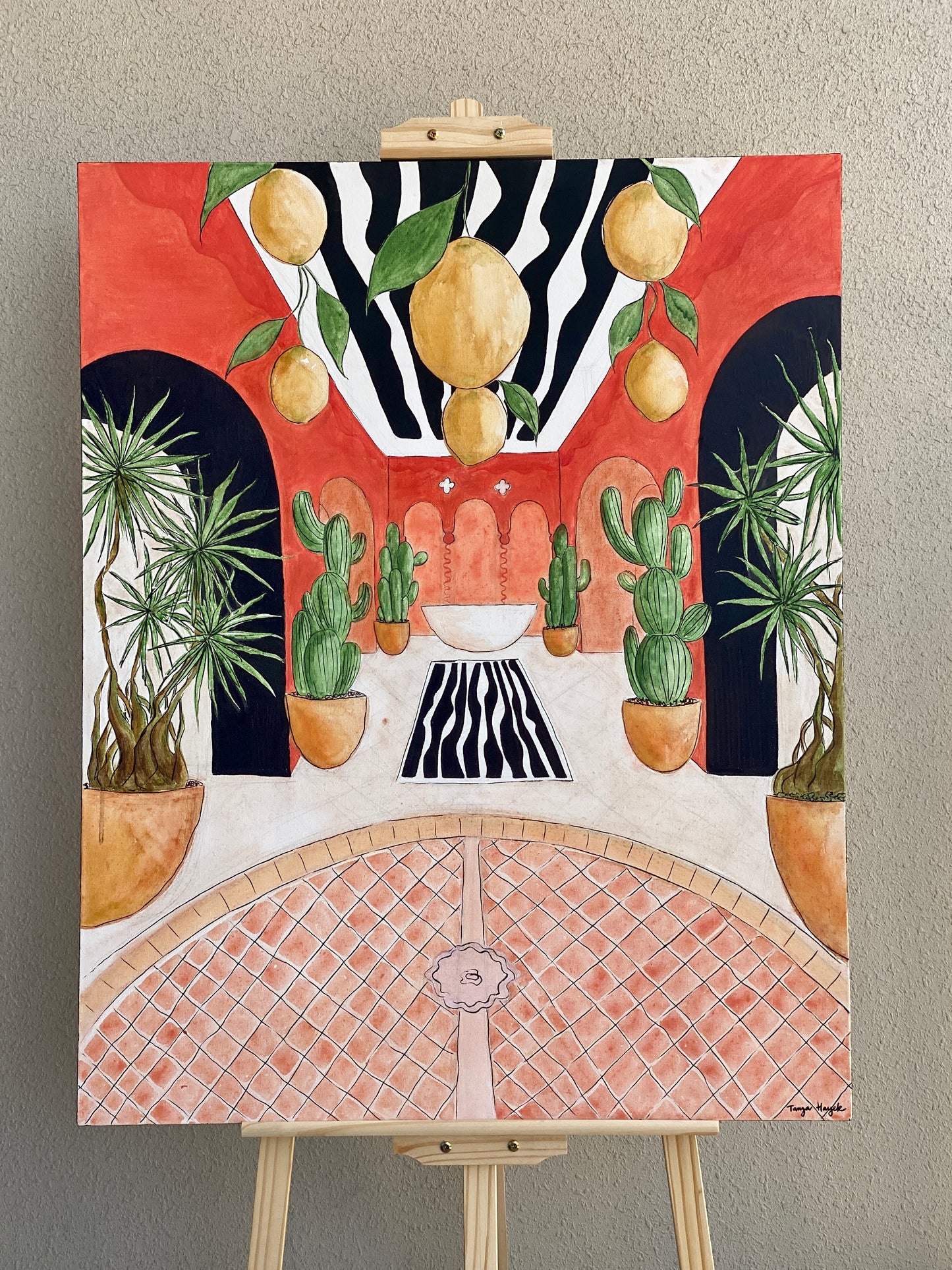 In Tanya's work "Mediterranean Retreat”, you will experience the vivid interplay of nature and design, where Mediterranean vibrance meets Southwestern tranquility by mixing architectural and landscaping details.
Terracotta hues lay the groundwork for lush foliage, hanging lemons and striking patterns, inviting you into a serene, sunlit interior.
Capturing the essence of a leisurely oasis, this piece is a visual retreat, perfect for any collector looking to add a touch of eternal summer to their collection