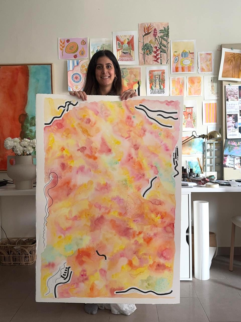 Large original watercolor artwork capturing calm emotional energy and soul