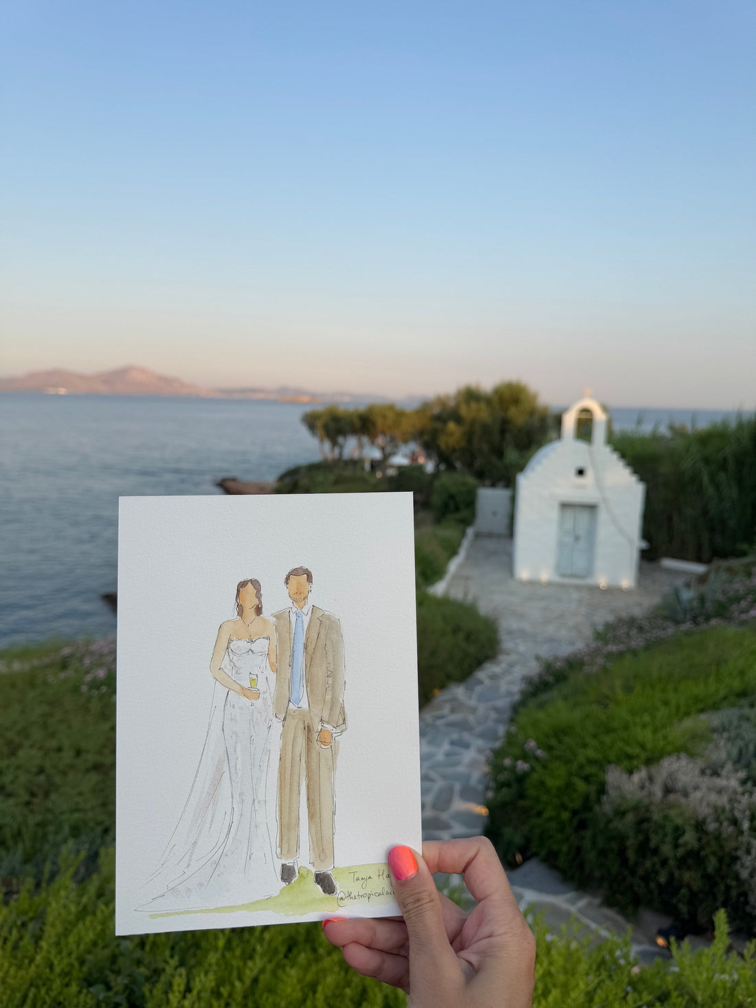 Tanya Hayek painting live guest portraits at a luxury Dubai wedding, French Riviera summer wedding, and international destination events, wedding artist