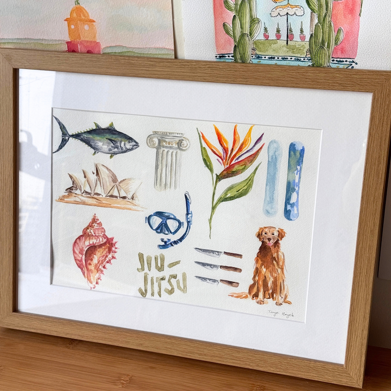 Custom watercolor illustration of favorite things: animal, place, plant, dog, shell hand-painted by Tanya Hayek