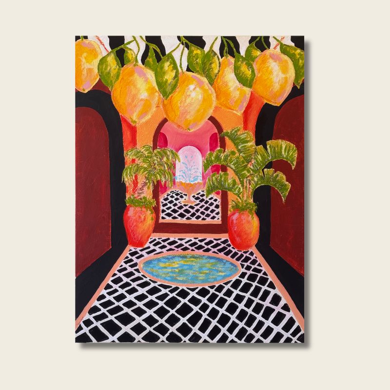 Casa Limón original painting by Tanya Hayek: a Mediterranean courtyard with hanging lemons, palms in coral urns and a turquoise pool on black and white tiles.