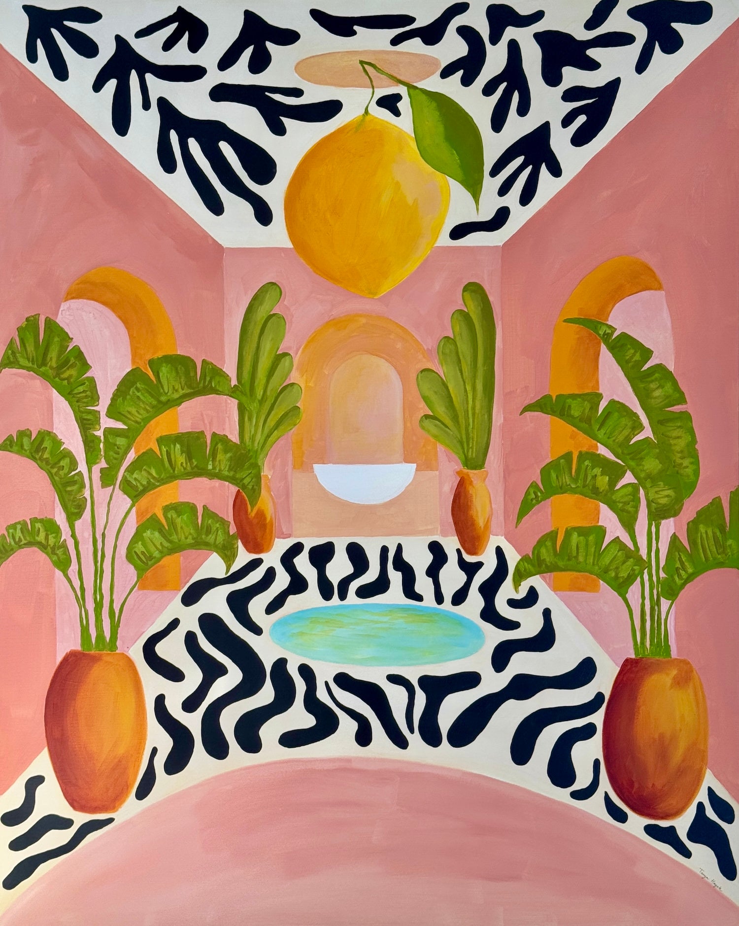 La Palma original painting by Tanya Hayek: a soft pink Mediterranean courtyard with palms in terracotta urns, a hanging lemon and Matisse-inspired black cut-out patterns around a turquoise pool.