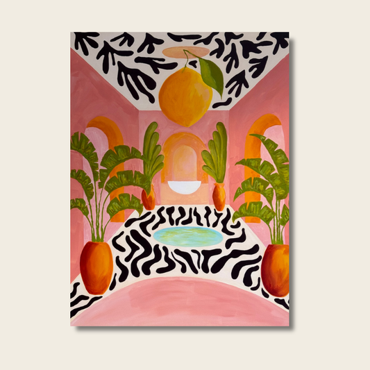 La Palma original painting by Tanya Hayek: a soft pink Mediterranean courtyard with palms in terracotta urns, a hanging lemon and Matisse-inspired black cut-out patterns around a turquoise pool.

