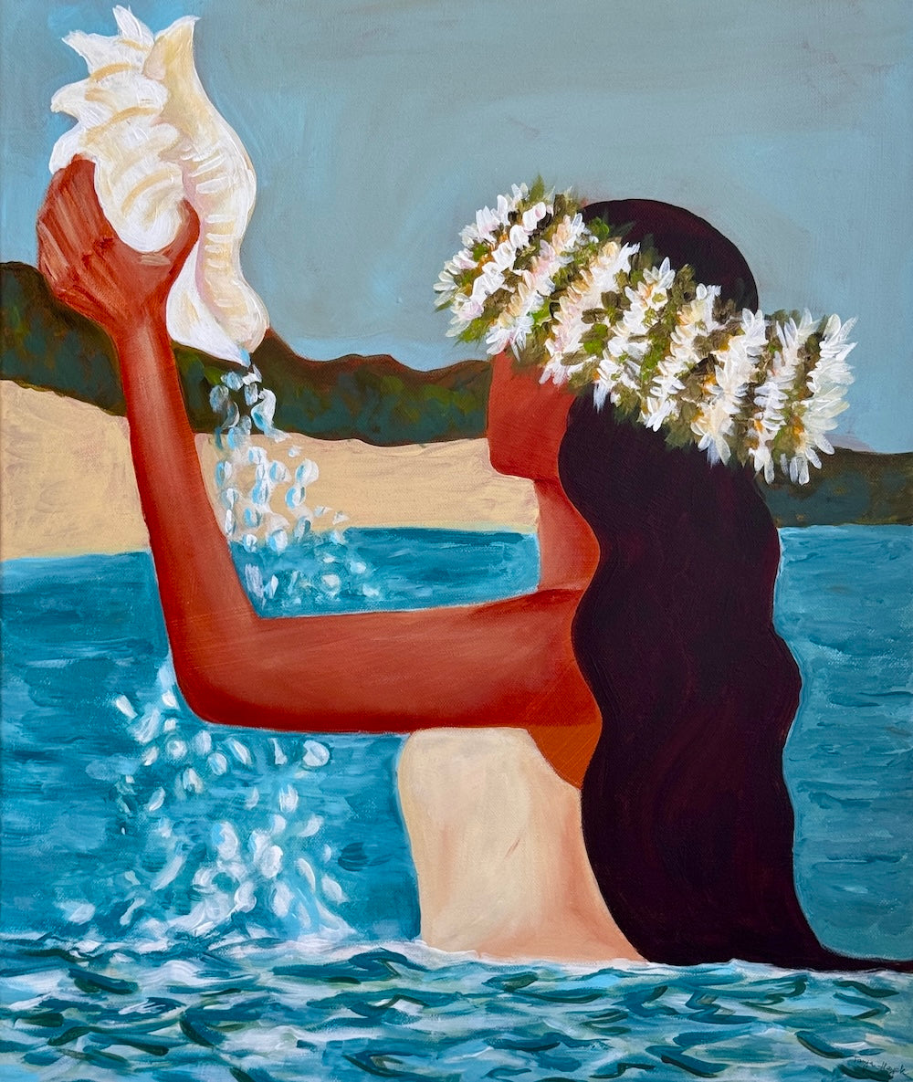 Life in Mo'orea, self-portrait by Tanya Hayek: the artist with a white flower crown in a turquoise lagoon, pouring water from a conch shell, Temae beach Moorea.