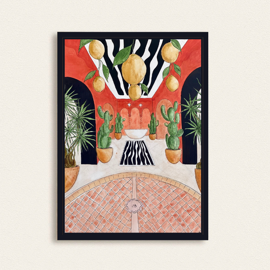 In Tanya's work "Mediterranean Retreat”, you will experience the vivid interplay of nature and design, where Mediterranean vibrance meets Southwestern tranquility by mixing architectural and landscaping details.
Terracotta hues lay the groundwork for lush foliage, hanging lemons and striking patterns, inviting you into a serene, sunlit interior.
Capturing the essence of a leisurely oasis, this piece is a visual retreat, perfect for any collector looking to add a touch of eternal summer to their collection