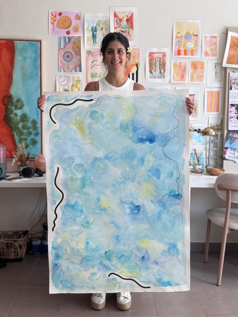 Large original watercolor artwork capturing calm emotional energy and soul