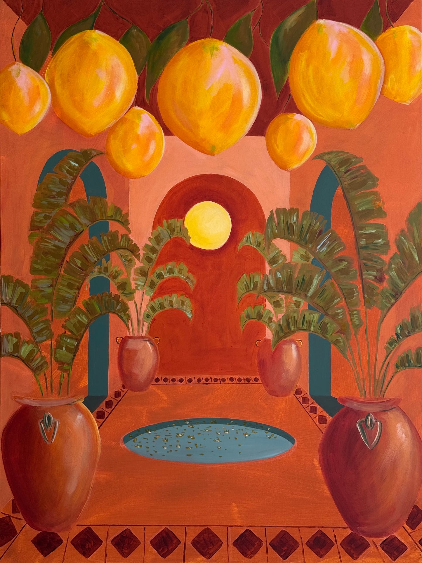 Casa Calor, original Mediterranean acrylic painting by Tanya Hayek: terracotta courtyard with oranges, palms and clay urns beside a still blue pool.