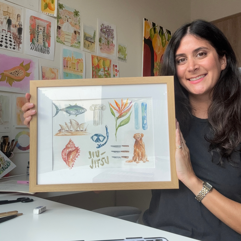 Custom watercolor illustration of favorite things: animal, place, plant, dog, shell hand-painted by Tanya Hayek