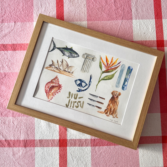Custom watercolor illustration of favorite things: animal, place, plant, dog, shell hand-painted by Tanya Hayek