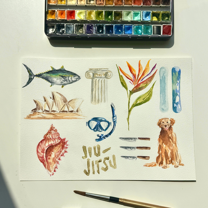 Custom watercolor illustration of favorite things: animal, place, plant, dog, shell hand-painted by Tanya Hayek
